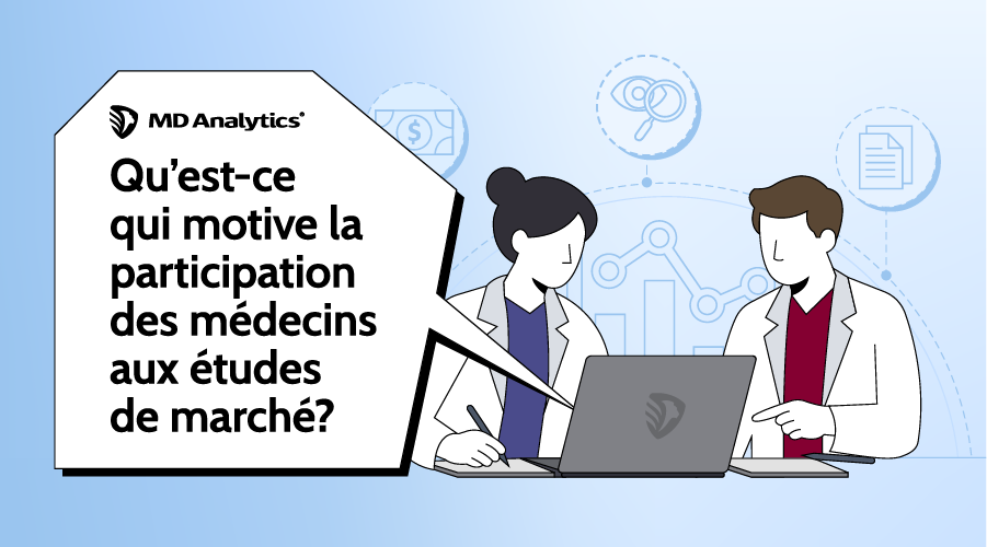 Deux personnes en sarrau devant un portable, sous le titre sur la participation des médecins aux études de marché.