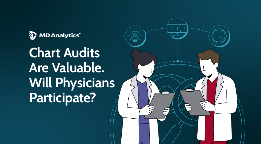 Two physicians reviewing patient charts on clipboards, from MD Analytics research on chart audit participation in the United States and Canada.